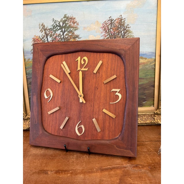 1970s Vintage Mid Century Modern Handmade Solid Wood Clock With Gold Colored Modified Serif Typeface For Sale - Image 5 of 7