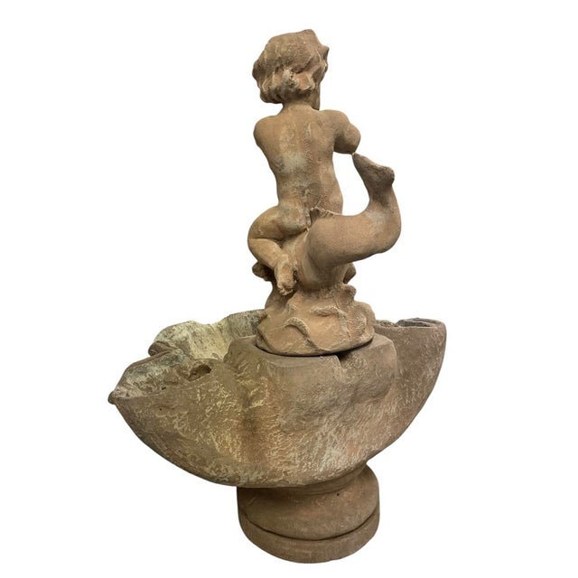 Camel Vintage Classical Cast Stone Cherub on Dolphin Garden Fountain For Sale - Image 8 of 12