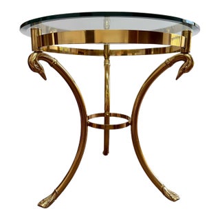 Hollywood Regency Brass Swan & Glass Accent Table For Sale