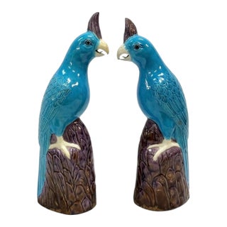 Vintage Chinoiserie Turquoise and Purple Glazed Parrot or Cockatoo Sculptures For Sale