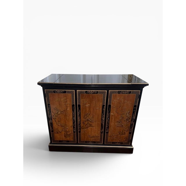 Drexel Heritage Chinoiserie Black Lacquer Bar Cabinet With Drop-Leaf Top For Sale - Image 9 of 11