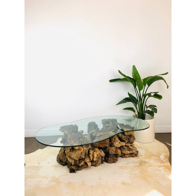 1970s Vintage 1970s Burlwood Driftwood Sculptural Glass Top Coffee Table For Sale - Image 5 of 11
