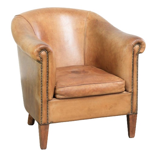 Sheepskin Club Armchair Light Cognac with Decorative Nails For Sale