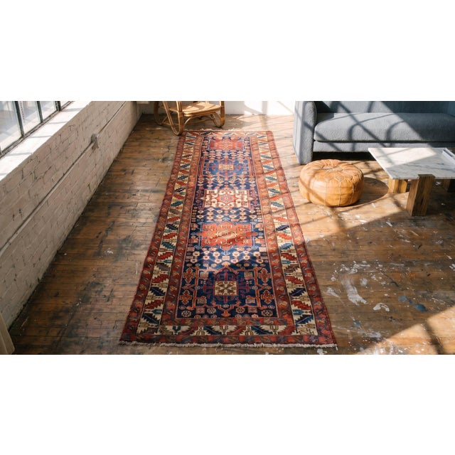 Textile 1900s Blue Navy Geometric Antique Nw Persian Rug 3.08 X 10.04 Handknotted Wool Carpet For Sale - Image 7 of 8
