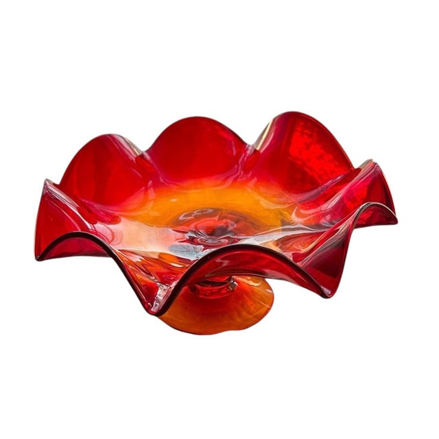 1960s Blenko Red Orange Footed Ruffled Blown Amberina Glass Compote Bowl For Sale In Orlando - Image 6 of 7
