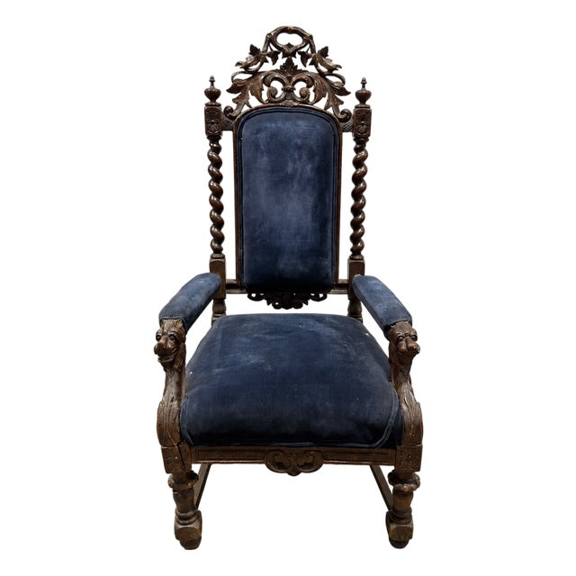 19th Century Renaissance Revival Carved Lion Oak Arm Chair For Sale