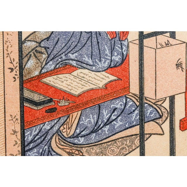 Early 20th Century Vintage Japanese Woodblock Style Prints Framed Art Triptych With Bamboo Frame Asian Home Decor For Sale - Image 5 of 14