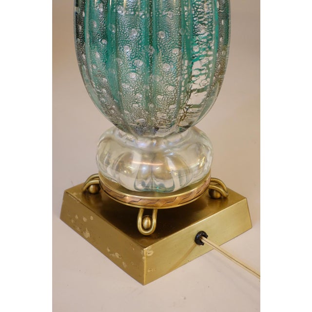 Rare Large Turquoise "Costolato" Barovier Toso Murano Italy Thick Bubble Blown Art Glass Brass Table Lamp 1960s For Sale - Image 14 of 14