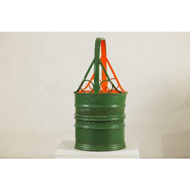 Asian Antique Lacquered Metal Basket with Openwork Design in Green and Orange Finish For Sale - Image 3 of 18