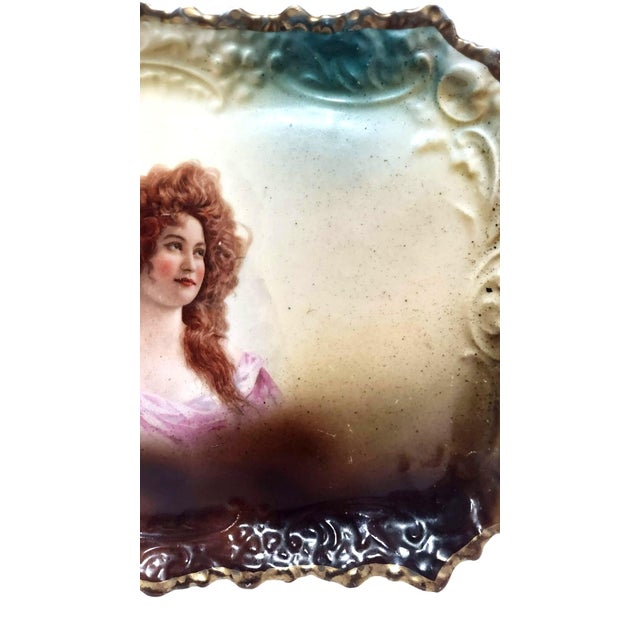 Antique Tray Portrait Curly Auburn Hair Lady Vettori Dresser Dish Austria Porcelain For Sale - Image 4 of 9