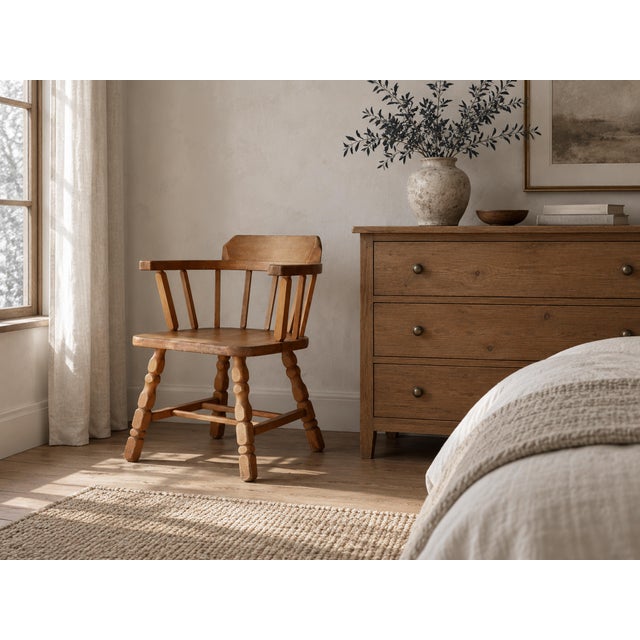 Farmhouse Pair of Antique Craftsman Wood Barrel Arm Chairs For Sale - Image 3 of 9