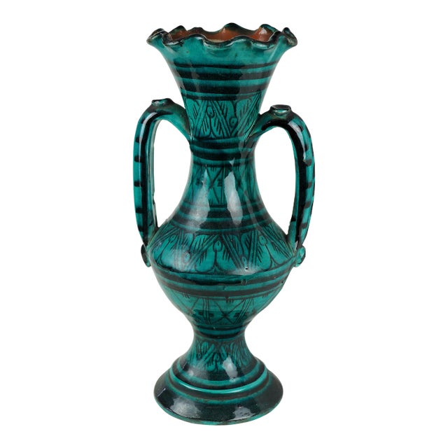 Late 19th Century Antique Moroccan Safi Boho Deep Green Vase With Handles For Sale