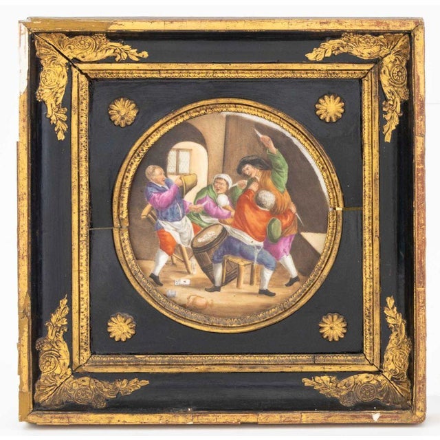 Pair of Continental Hand-Painted Porcelain Plaques, possibly Dutch, one depicting a tavern scene skirmish over a game of...