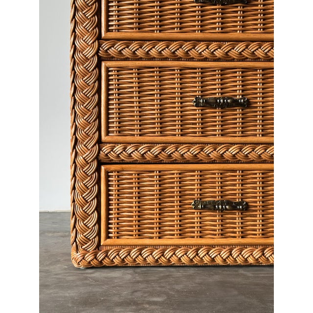 Wood Woven Wicker Six-Drawer Dresser With Braided Rope Trim, 1980s For Sale - Image 7 of 18