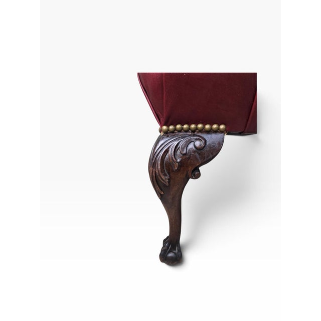 Antique Chippendale Style Carved Tufted Benches Newly Reupholstered in Burgundy Leather- Pair For Sale - Image 4 of 12