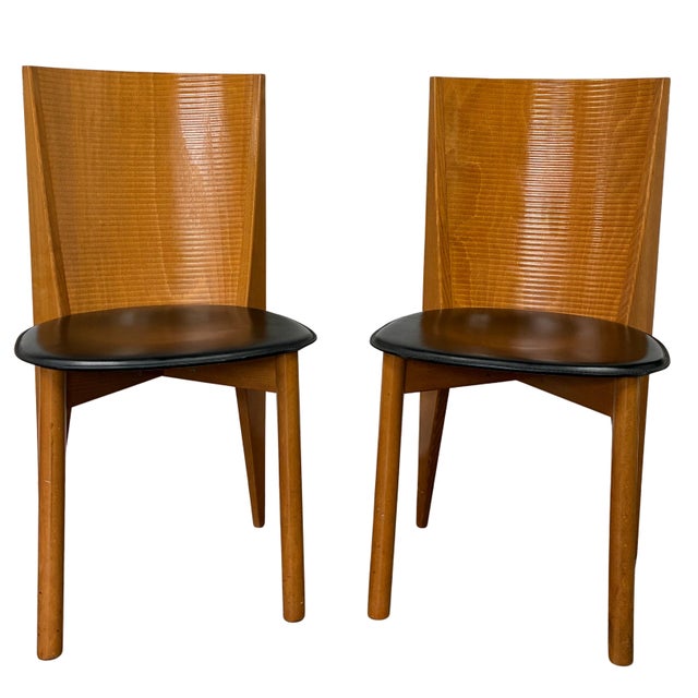Wood Pair of 1980s Italian Postmodern Calligaris Sculptural Wood & Black Leather Chairs For Sale - Image 7 of 11