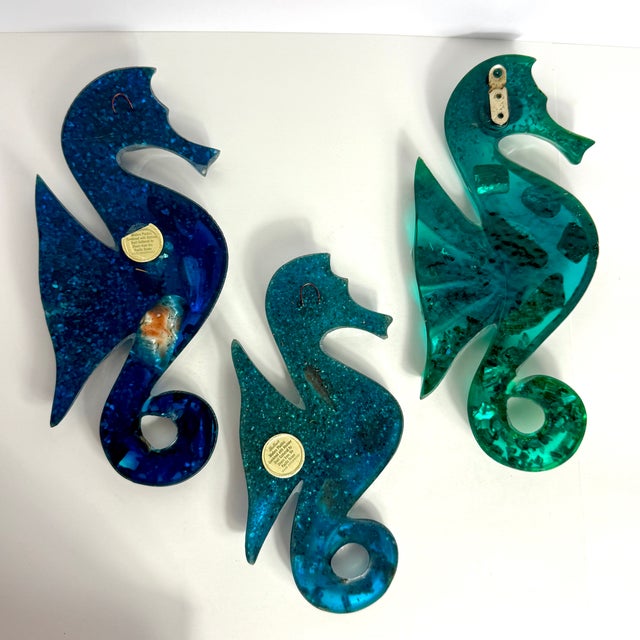 MCM Acrylic Lucite Abalone Seahorses, Wall Hangings, Made in the USA, Set of 3 #1 Blue, 12" long #2 Teal 12" long #3...