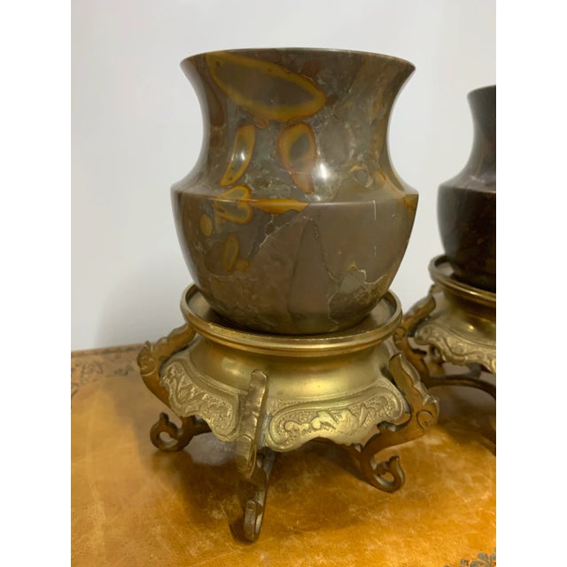 Pair of Vintage Small Marble Urns on Ornate Brass Stands