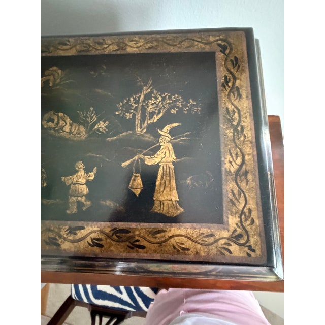 Large Regency Style Black and Gold Chinoiserie Decorated Box For Sale - Image 12 of 12