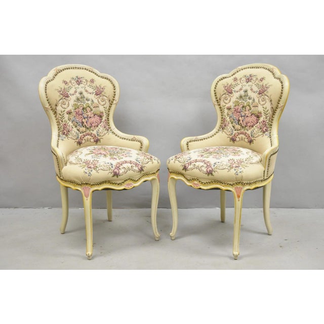 Vintage French Louis XV Style Cream & Pink Painted Boudoir Slipper Chair - Pair For Sale - Image 14 of 14