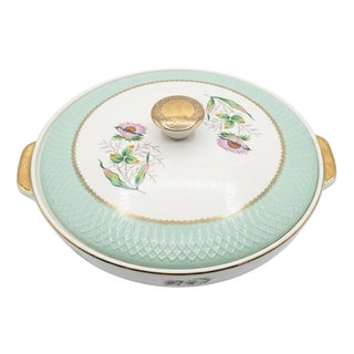 French Moulin Des Loups Porcelain Soup Tureen with Pink Florals, Gold Trim and Pale Green Mint Decor from Limoges, 1970s For Sale