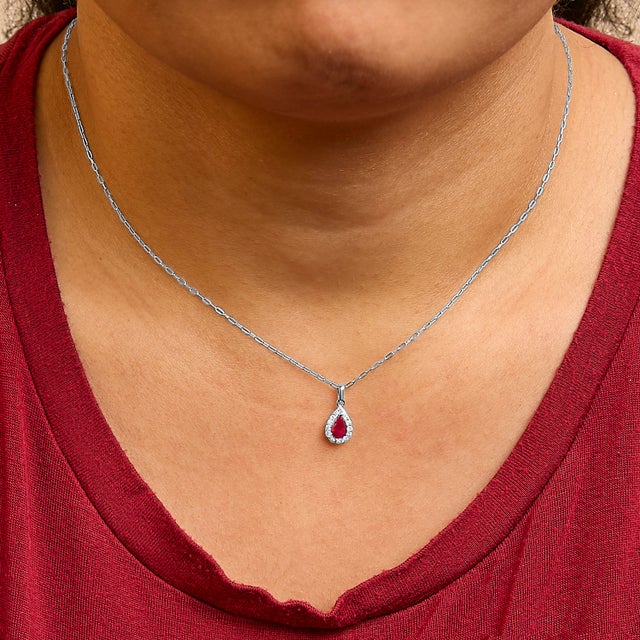 14K White Gold 6x4 Pear Red Ruby and Diamond Halo Pendant Necklace - 18" Inches For Sale - Image 4 of 5
