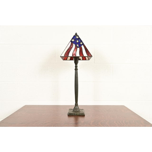 Art Deco Arts & Crafts Table Lamp With American Flag Stained Glass Shade For Sale - Image 3 of 13