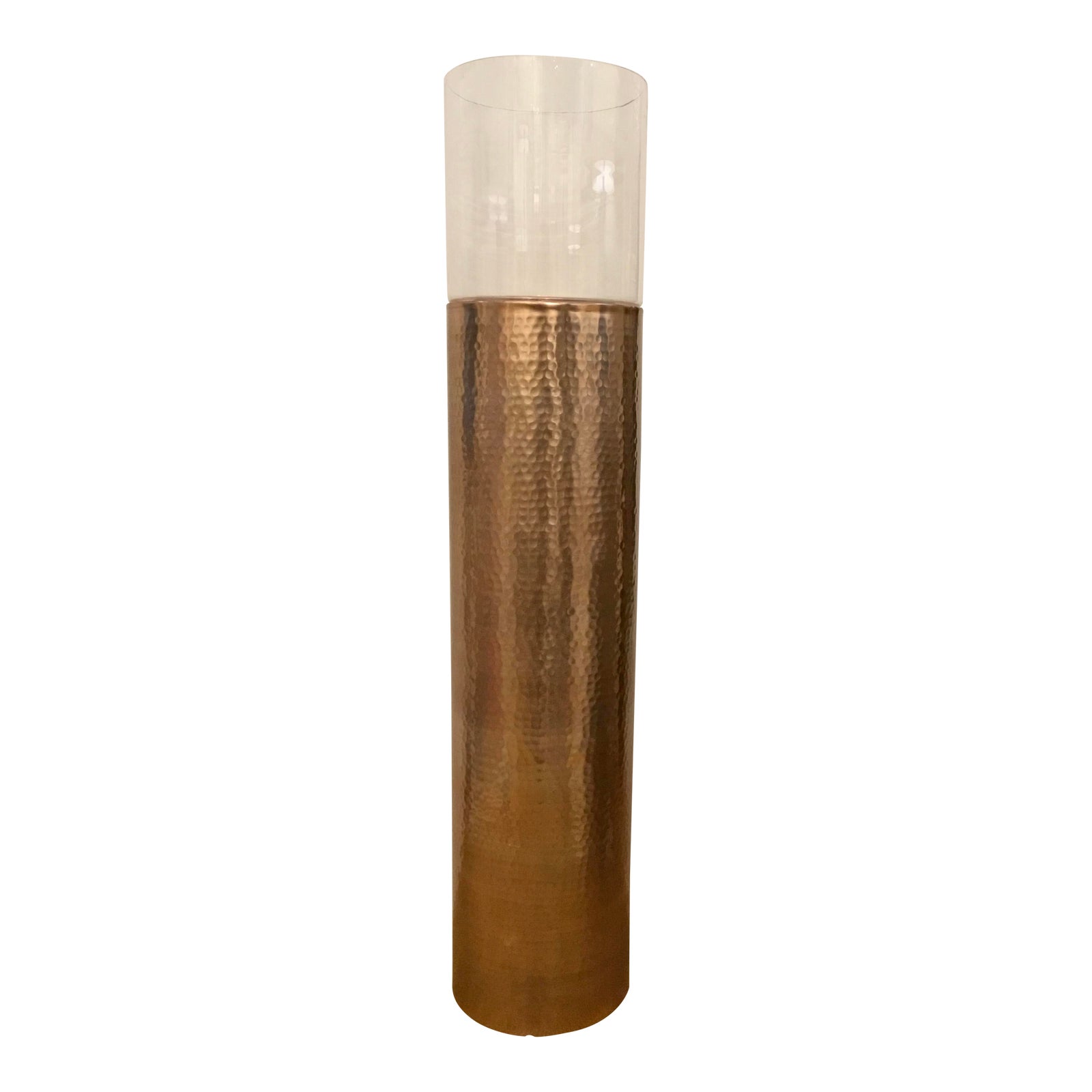 Modern Large Hammered Copper Candle Pillar With Glass Hurricane