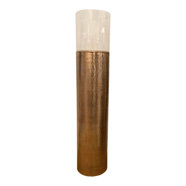 Modern Large Hammered Copper Candle Pillar With Glass Hurricane