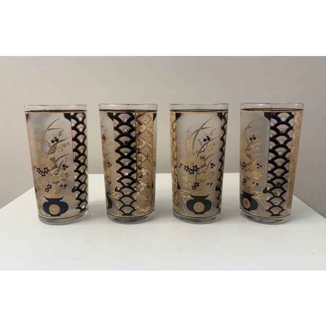 Set of four vintage highball glasses by Culver, dating to the late 1950s–early 1960s. These glasses feature frosted glass...