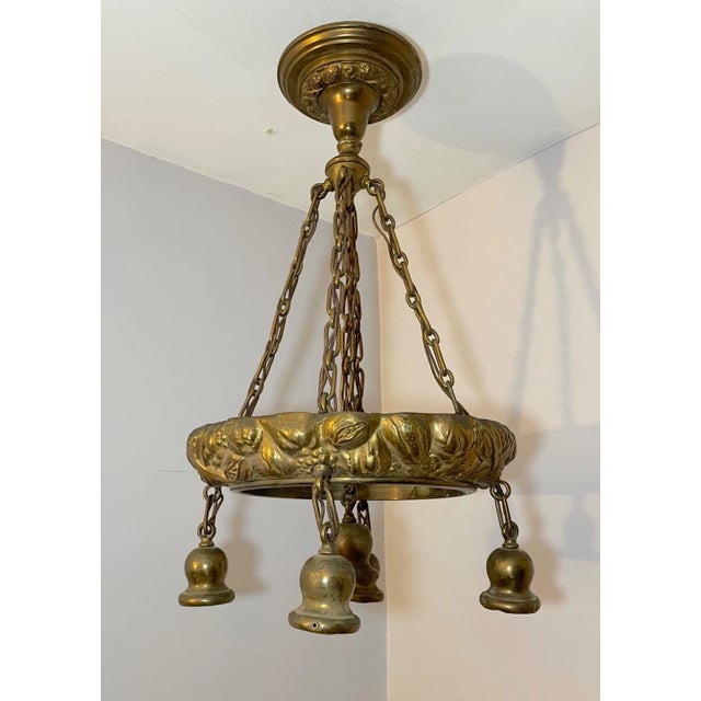 Antique Ornate Heavy Gilt Bronze Fruit Veggie Relief Ceiling Fixture Chandelier For Sale - Image 4 of 17