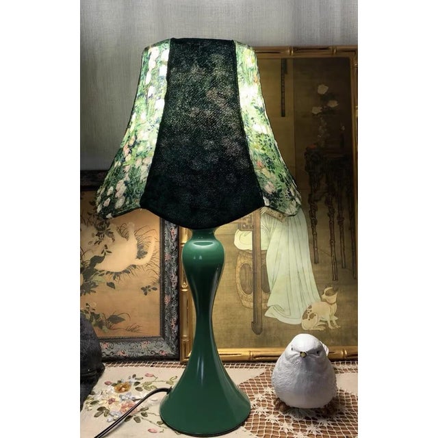 Art Deco Forest Green Velvet & Floral Fabric Table Lamp For Sale - Image 3 of 5