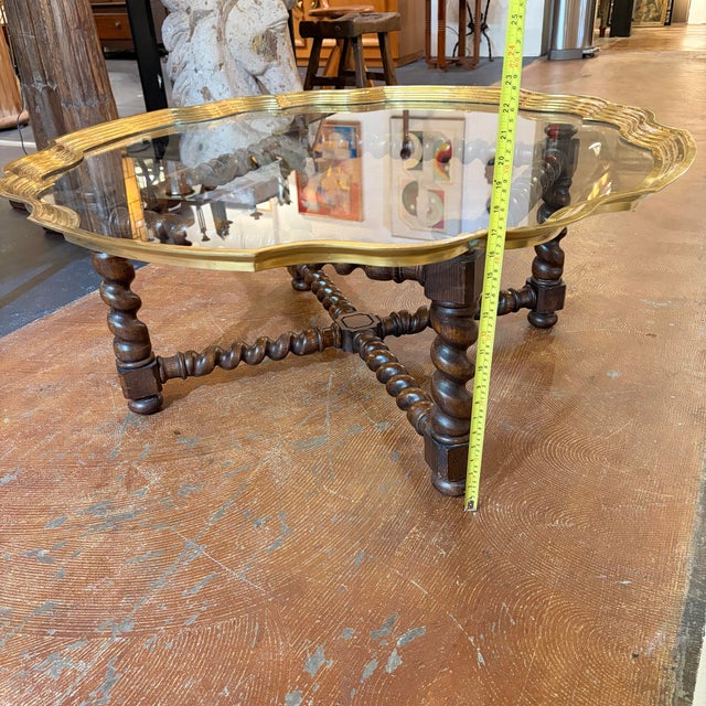 Baker Attributed Regency-Style Coffee Table Features a Distinctive Scalloped Brass Tray Top and a Barley Twist Oak Base For Sale - Image 10 of 12