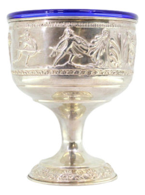 Silver Fruit Bowl with Blue Glass Core and Roman Figures in Relief
