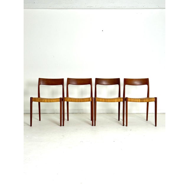 Niels otto møller model 77 chairs, teak and cane, 1950s–60s rare set of four model 77 chairs by niels otto møller, crafted...