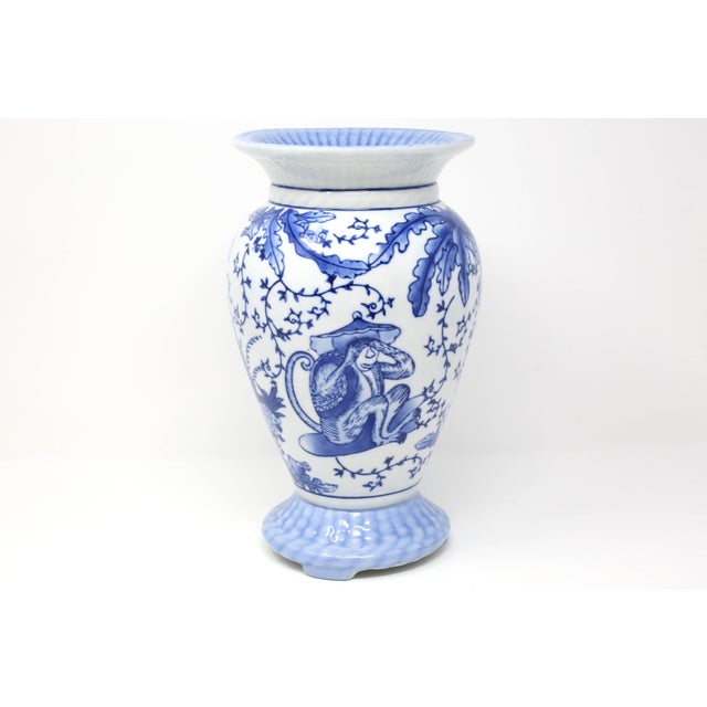 Blue and White Chinoiserie Vase With Speak No Evil See No Evil Monkeys