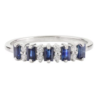 Baguette Cut Blue Sapphire & Diamond Half Band Ring Size 5 For Sale