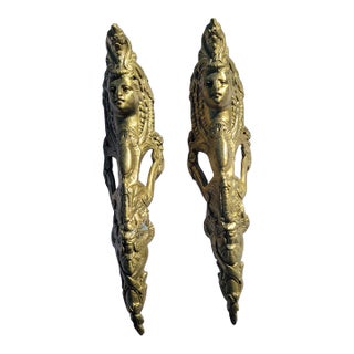 19th C French Ormolu Bronze Mounts Pair Gilt Gold Female Face Appliques For Sale