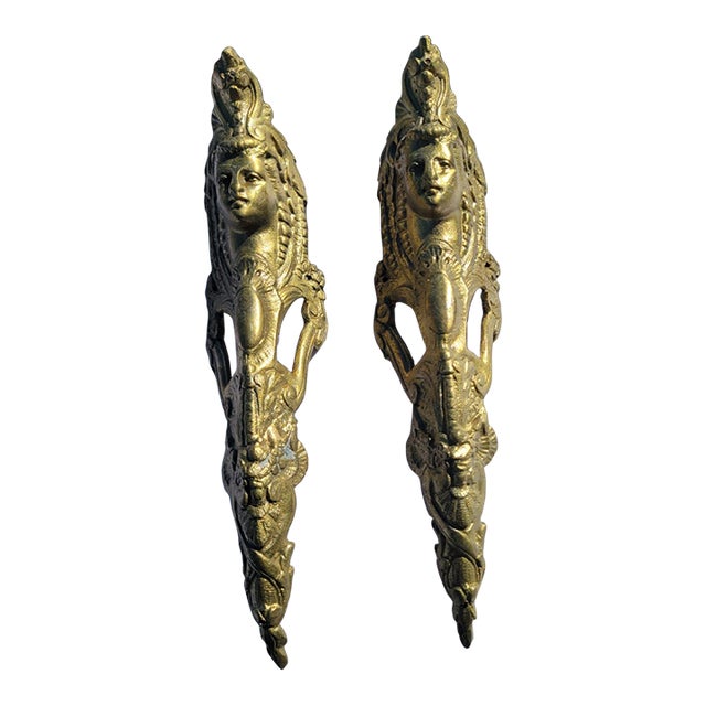 19th C French Ormolu Bronze Mounts Pair Gilt Gold Female Face Appliques For Sale