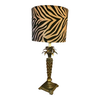 Vintage Metal Black Gold Bronze Palm Tree Table Lamp With Zebra Shade For Sale