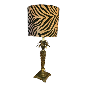 Vintage Metal Black Gold Bronze Palm Tree Table Lamp With Zebra Shade