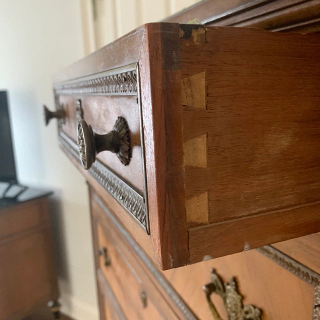 Metal 1920s French Louis XVI Style Tall Chest With Book Matched Walnut Veneer and Brass Accents For Sale - Image 7 of 9