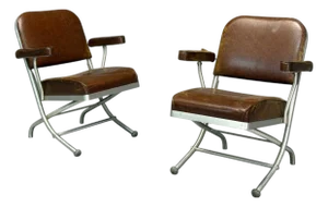 Warren McArthur, Brown Leather, Aluminum, Folding Chairs, Usa Circa 1935 - Set of 2