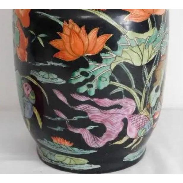 Black Vintage Mid-Century Chinese Famille Noire Baluster Vase Hand Painted Lotus and Koi Fish 14 Inch For Sale - Image 8 of 13