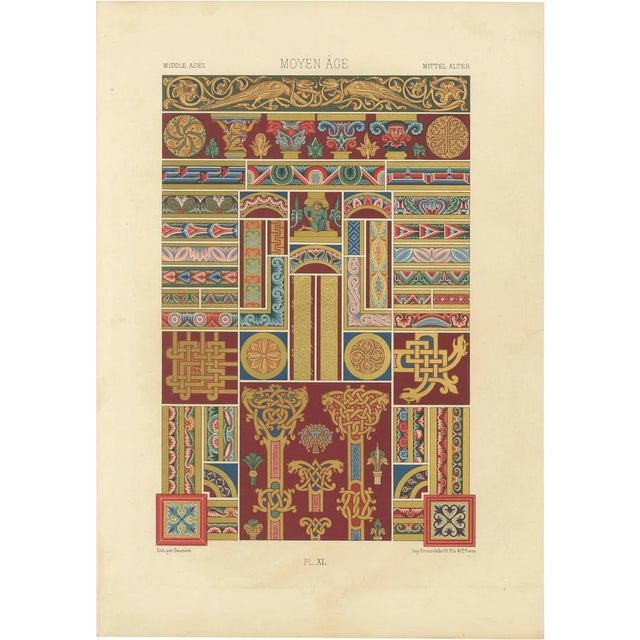 After Racinet, Middle Ages Decorative Ornament Rich Romanesque Borders & Motifs, 1869, Print For Sale