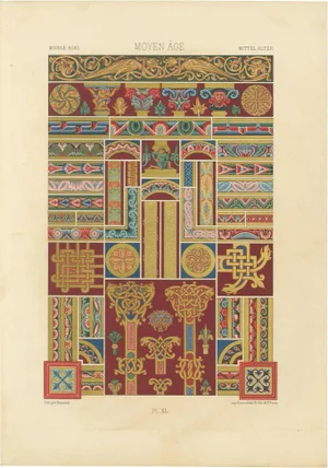 After Racinet, Middle Ages Decorative Ornament Rich Romanesque Borders & Motifs, 1869, Print
