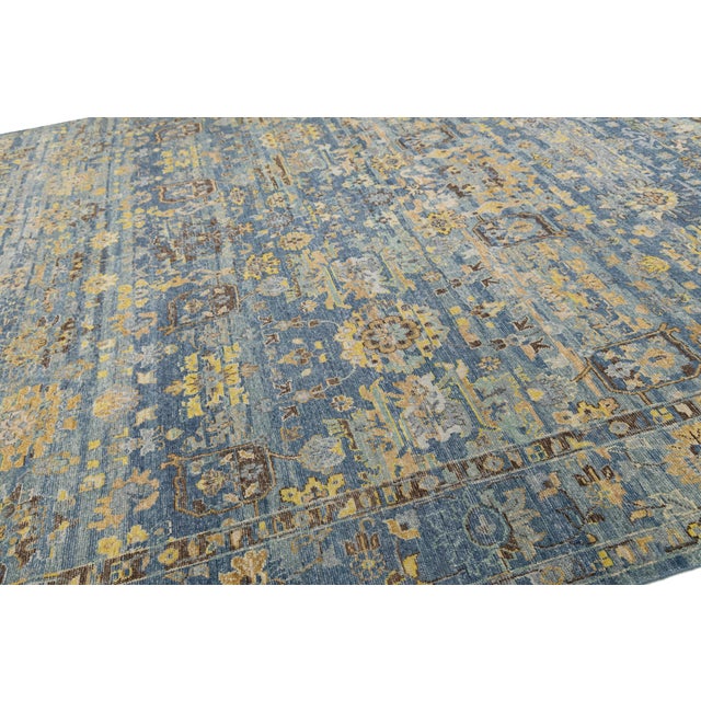 Blue 12x15 Hand-Knotted Modern Tabriz Style Wool Area Rug in Blue & Gold For Sale - Image 8 of 12