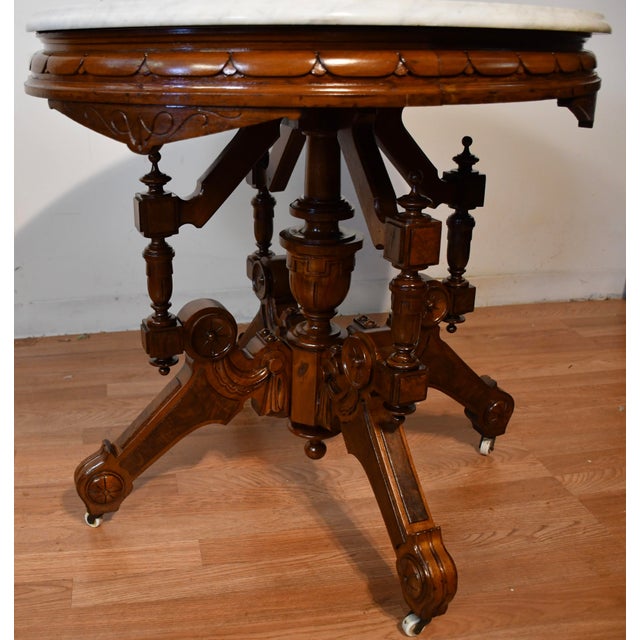 1880s Antique Victorian Renaissance Revival Walnut & Marble Top Center Table For Sale - Image 15 of 18
