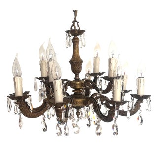 Vintage French Brass and Lead Crystal Chandelier, 1950s For Sale