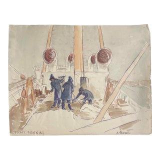 1950s Ivy Atwell Snowy Morning Onboard Nautical Watercolor For Sale